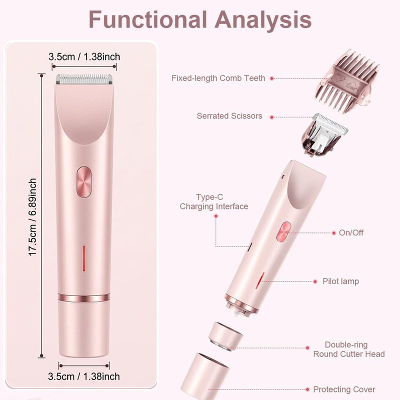 Bikini Trimmer for Women-2 in 1 Dual Head Bikini Shaver & Body Shaver,IPX7 Cordless & Waterproof Electric Shaver Wet & Dry Use,Painless Hair Removal,Ceramic Blade, Ultra Low Silent(Pink)