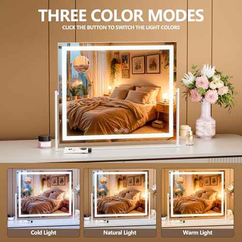 Vanity Mirror with Lights, 30'' x 22'' Lighted Makeup Mirror, Touch Screen with 3-Color Lighting, Dimmable for Vanity Desk Tabletop Square White