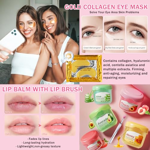 50 PCS Spa Party Supplies for Girls & Women, Facial Masks- Hand Cream- Lip Balm- Bath Bomb- Eye Mask- Compressed Towel- Hair Ties- Lip Brush- Organza Bags, Spa Kit for Birthday, Sleepover, Spa Day