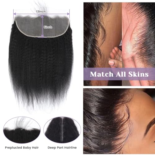 13x6 Frontal Kinky Straight HD Lace Frontal Human Hair Transparent HD Lace Yaki Straight Frontal Closure 100% Human Hair Ear to Ear Lace Frontal Natural Black Color 14 Inch 150% Density