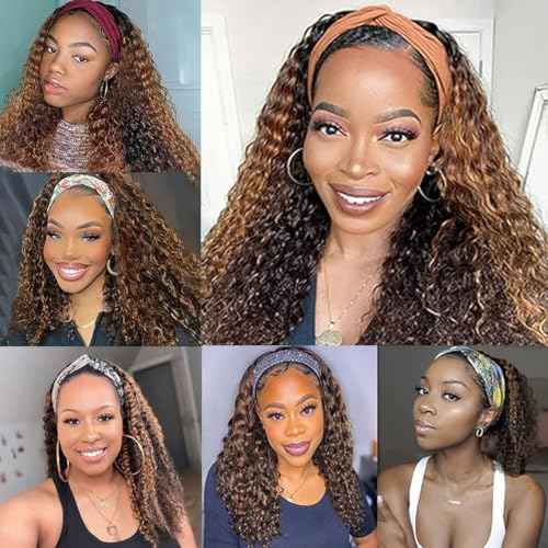 Highlight Deep Wave Wigs Human Hair 20 Inch Ombre Curly Headband Wig Human Hair Wigs for Black Women Human Hair Non Lace Front Wigs Brazilian Virgin Hair Brown Glueless Wear and Go Wigs Blonde