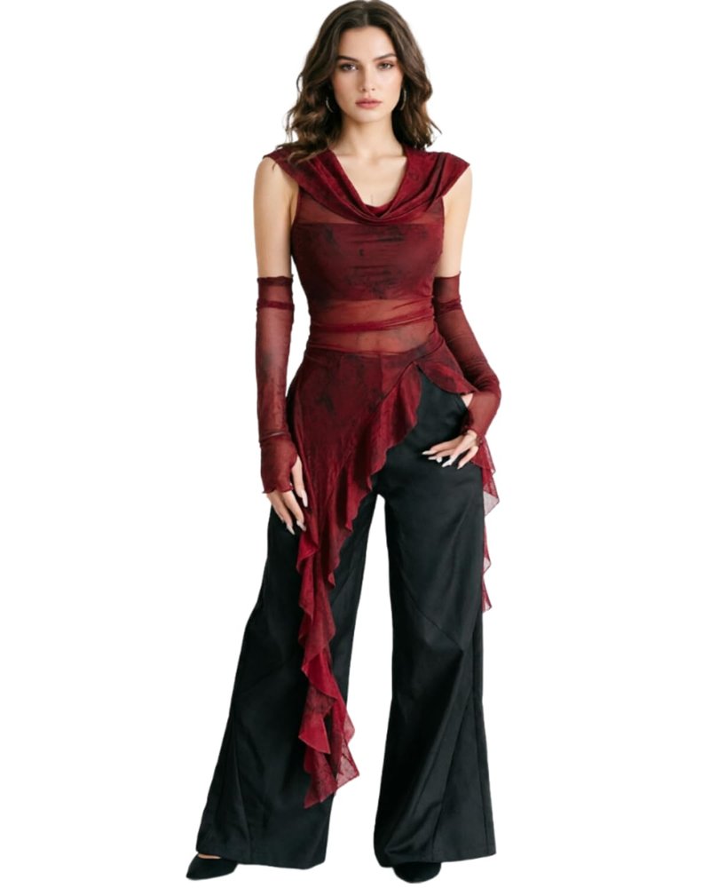 Women Gothic Mesh See Through Hooded Tops Y2K Irregular Hem Ruffles Hoodie Blouse with Cuffs Red