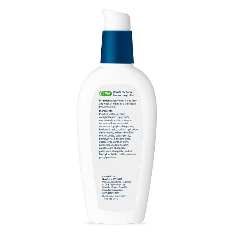 CeraVe PM Facial Moisturizing Lotion, Night Cream with Hyaluronic Acid and Niacinamide, Ultra-Lightweight, Oil-Free Moisturizer for Face, 3 Ounce