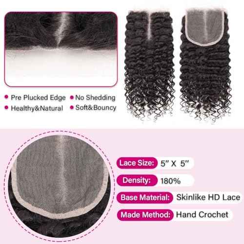 5x5 HD Lace Closure Curly Human Hair Closure Skinlike 0.1mm Invisible HD Lace Small Knots Closure Pre Plucked 12A Unprocessed Virgin Hair Deep Wave Human Hair Closures for Black Women 22 Inch