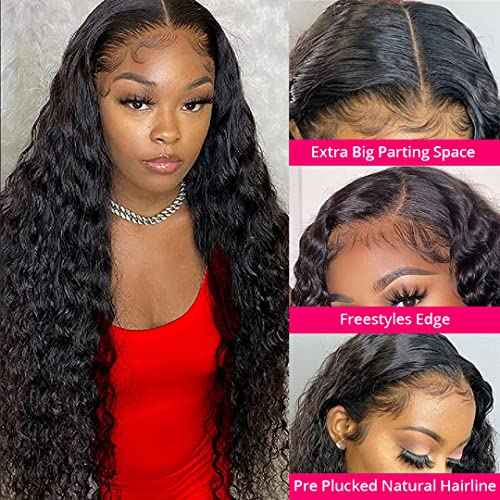 13x4 Deep Wave Human Hair Lace Front Wigs for Black Women Brazilian Virgin Human Hair Deep Curly Lace Front Wigs with Baby Hair Pre Plucked Bleached Knots Natural Color 180% Density 16 Inch