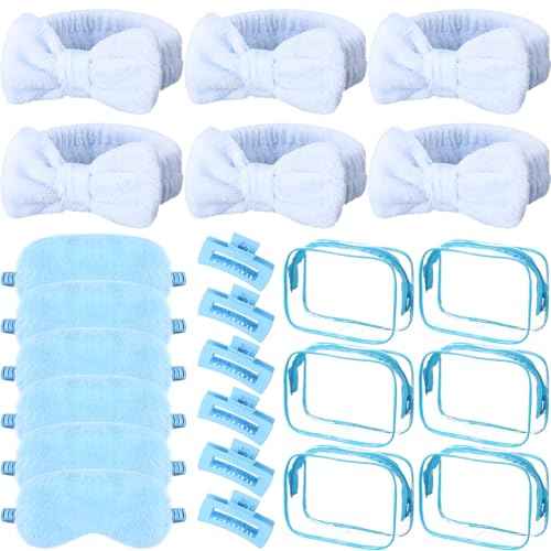 Hoteam 24 Pcs Sleepover Spa Party Favors Supplies 6 Spa Headband 6 Plush Sleep Eye Mask 6 Hair Claw Clips 6 Clear Cosmetic Bags for Slumber Party Christmas Gift(Blue)