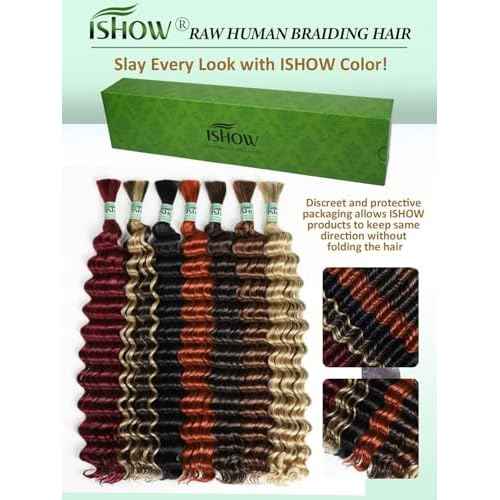 ISHOW Raw Human Braiding Hair, 100% Unprocessed Virgin Human Hair, 15A Deep Wave Boho Hair, 100g 20 Inch (2 Packs), NO.1 Premium Quality Boho Hair Producer, Long Lasting, Dark Ginger Color 350