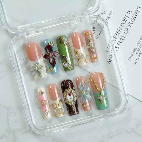 Handmade Press on Nails Long Square Fake Nails Luxury Pearl Rhinestone & 3D Flower Art Designs Salon Quality Acrylic Nails French Tip Gold Rose Steel Ball False Nails Stick on Nail for Women£¨Size M)