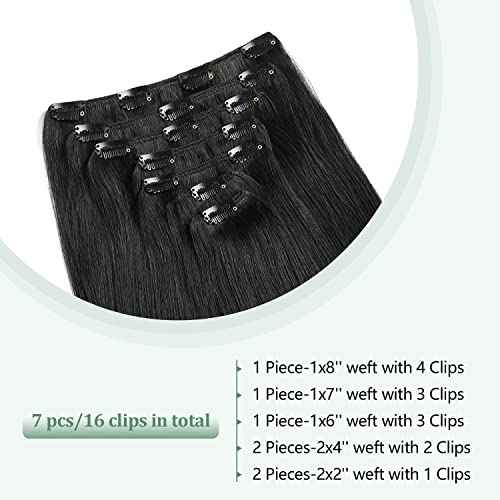 Hair Extensions Real Human Hair 16 inch 120g Jet Black Hair Extensions Clip in Human Hair Straight Real Hair Extensions (16inch,7pcs,120g)