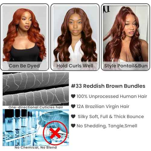 ALHER #33 Reddish Brown Body Wave 13x4 Lace Frontal Human Hair 18 Inch, Copper Brown Auburn Colored HD Transparent Lace Frontal Closure Ear to Ear 100% Virgin Remy Human Hair 150% Density
