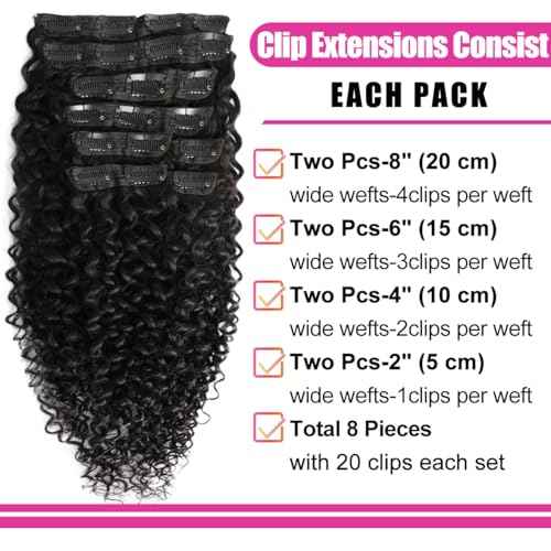 3C 4A Curly Clip In Hair Extension Real Human Hair 24 Inch Kinky Curly Clip in Hair Extensions Real Human Hair Brazilian Remy Human Hair Extensions Double Weft 8Pcs 110g Natural Black
