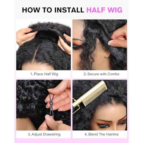 Kinky Curly Half Wig Human Hair 200 Density 3 In 1 Seamless Flip Over Half Wigs Glueless KinkyCurly Wigs Human Hair Beginner Friendly 360 Degree Flexi-fit Drawstring Headband Wig for Women 16 Inch