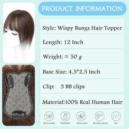 Hair Toppers for Women Real Human Hair, 360¡Æ 3D Toppers Hair Pieces for Women with Thinning Hair 12 Inch Wispy Bangs Realistic Biological Scalp Wiglets (Medium Brown, 7 * 11 Wispy Bangs)