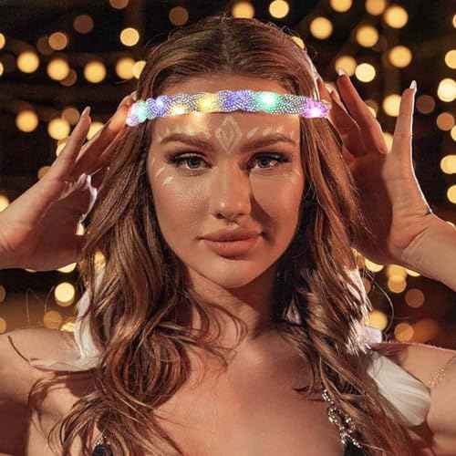 ACEDRE Light Up Rhinestone Headband LED Rave Headpiece Glow Silver Crystal for Women