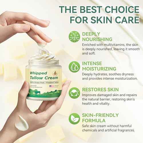 Beef Tallow for Skin, Organic Grass Fed Whipped Beef Tallow Balm Moisturizer Deeply Nourishing for Face & Body, Natural Unscented Tallow Face Moisturizer Cream for Dry Skin, 4oz
