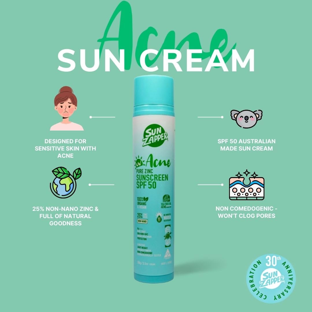 Sun Zapper Acne Pure Zinc Face Sunscreen SPF 50, Non-Comedogenic Organic Mineral Sunscreen with Tea Tree Oil for Acne-Prone and Oily Skin, 25% Non-Nano Zinc Oxide, Reef Safe, 100g (3.5 oz)