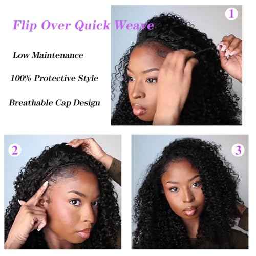 Half Wig Human Hair Kinky Curly 220% Density Glueless Wigs Human Hair 3 In 1 Seamless Flip Over Human Hair Curly Half Wigs for Women Drawstring Seamless (22 Inch)