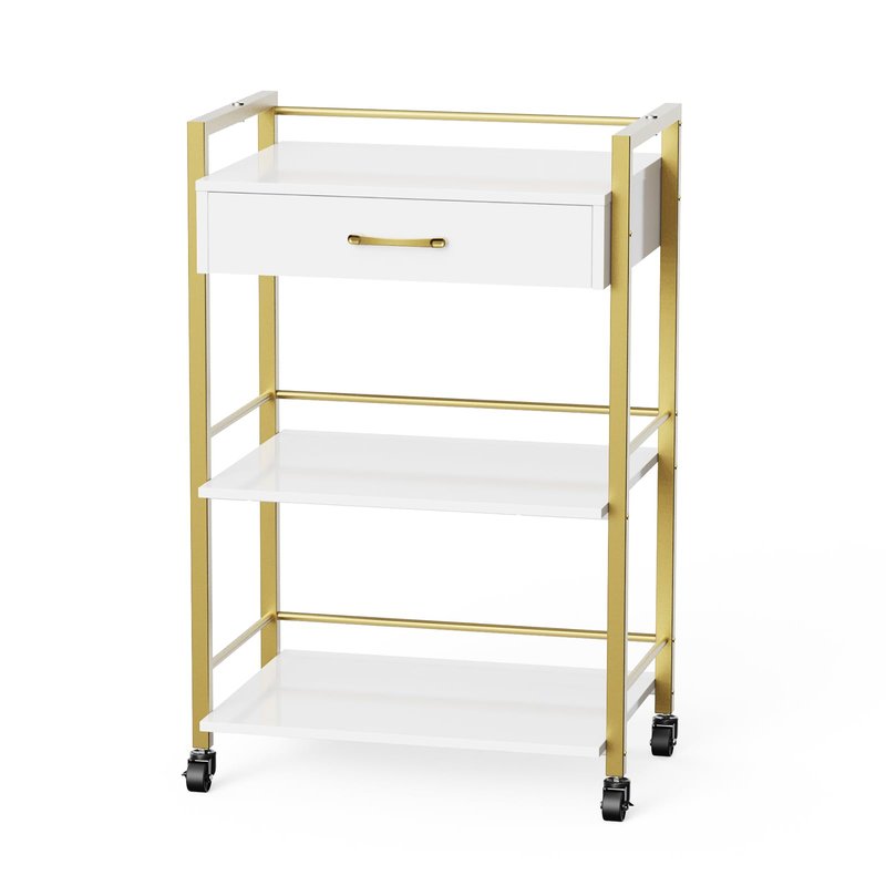 OmySalon Salon Trolley Cart with Wheels, Esthetician Cart with 1 Drawer & 2 Trays, Mobile Storage Organizer for Beauty Spa Massage Tattoo Esthetic Facial Tool Holder Station, White Gold