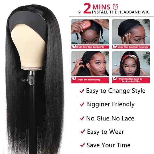 Straight Headband Wig Human Hair Brazilian Virgin Human Hair Wigs for Black Women Glueless Half Wig Machine Made No Lace Front Headband Wig Natural Black Color 22 Inch