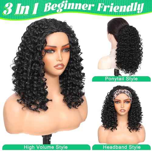 Half Wig Synthetic Hair 3 In 1 Curly Half Wig With Adjustable Drawstring Seamless Flip For Beginner Friendly Water Wave For Black Women (Black 14 Inch)