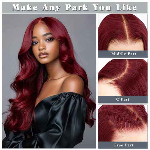 LuAiJa 9x6 Wine Red Body Wave Glueless Wigs Human Hair Dark Burgundy Wear and Go Glueless Wig 99J HD Lace Front Human Hair WIg 28 Inch Red Wigs Pre Everything 200% Density for Women
