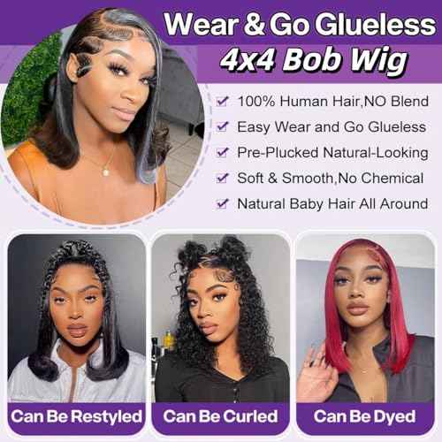 Wear and Go Glueless Bob Wig Human Hair Pre Plucked Pre Cut 4x4 HD Transparent Lace Front Wigs for Black Women Straight Short Bob Wigs Human Hair 180 Dentisty Natrual Color 10 Inch