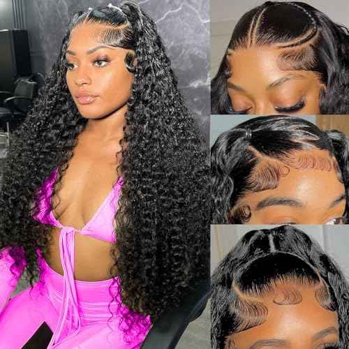 13x6 Deep Wave Lace Front Wigs Human Hair 26inch Glueless Wigs Human Hair Pre Plucked Deep Wave Wigs for Women Human Hair 180% Density Curly Lace Front Wigs Human Hair