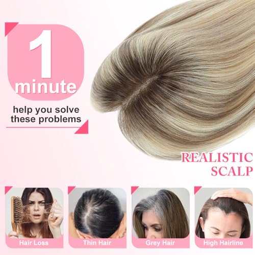 Hair Toppers for Women Real Human Hair Topper for Women with No Bangs Hairpieces 10 Inch Swiss Base 3D 360¡Æ Cover Comfortable and Breathable (Ombre Light Brown with Blond Highlight)