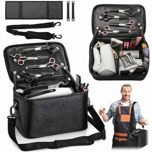 Goaste 12 Inch Barber Hairdresser Bag, Large Capacity Barber Carrying Bag, Canvas Barber Travel Case with Adjustable Dividers, Hairstylist Cutting Tool Organizer for Clippers Brushes Blow Dryer