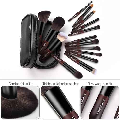 Travel Makeup Brush Set, 15 pcs Mini Makeup Brushes and 2 Puff for Foundation, Powder, Eyeshadow, Highlight, Contour, Blush & Concealer, Small Makeup Brush Set Purse Size with Case (black and brown)