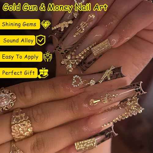 62PCS 3D Nail Charms for Alloy Nails,Set Nail Art Decoration with Gold Dollar, Gun, and Coin,Nail Stones and Jewels Accessories for Nail Supplies Manicure Craft DIY(Gold)