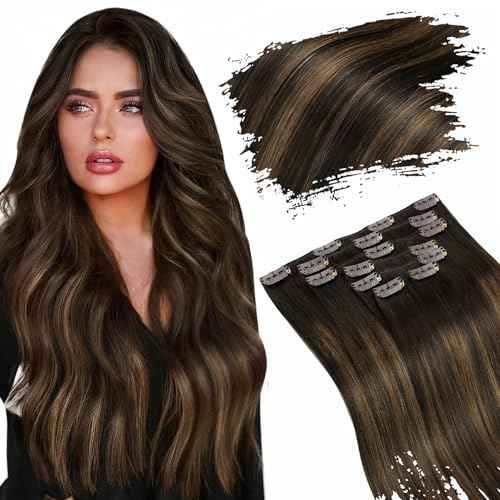 Ugeat Dark Brown Clip in Hair Extensions Real Human Hair Balayage Hair Extensions Clip in Human Hair Ombre Medium Brown Thick Remy Straight Texture Daily Styling 16 Inch 7pcs 120g