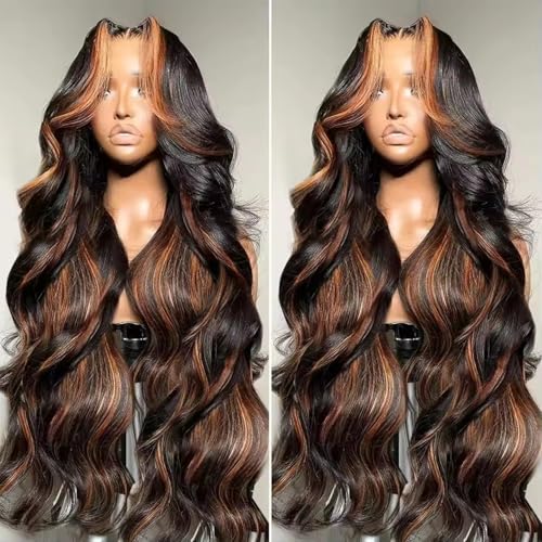 Put On and Go Wig Blended Hair Body Wave 1b/30 Highlight Ombre Lace Front Wig 13X4 T-Part Synthetic Hair 220% Density HD Transparent Pre Plucked 32 Inch