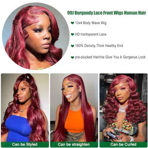 Body Wave 99j Burgundy 13x4 Lace Front Wig Human Hair 180% Density Glueless Burgundy Red Wigs Human Hair 99j Body Wave Wigs for Women 24 Inch