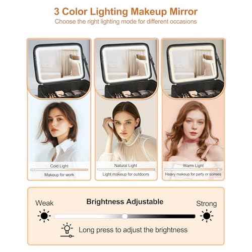Relavel Extra Large Makeup Bag with LED Mirror, Cosmetic Train Case for Makeup Artists with 4 Removable Pouches and Adjustable Dividers, Hair Supplies Organizer, Travel Portable Mirror with Lights
