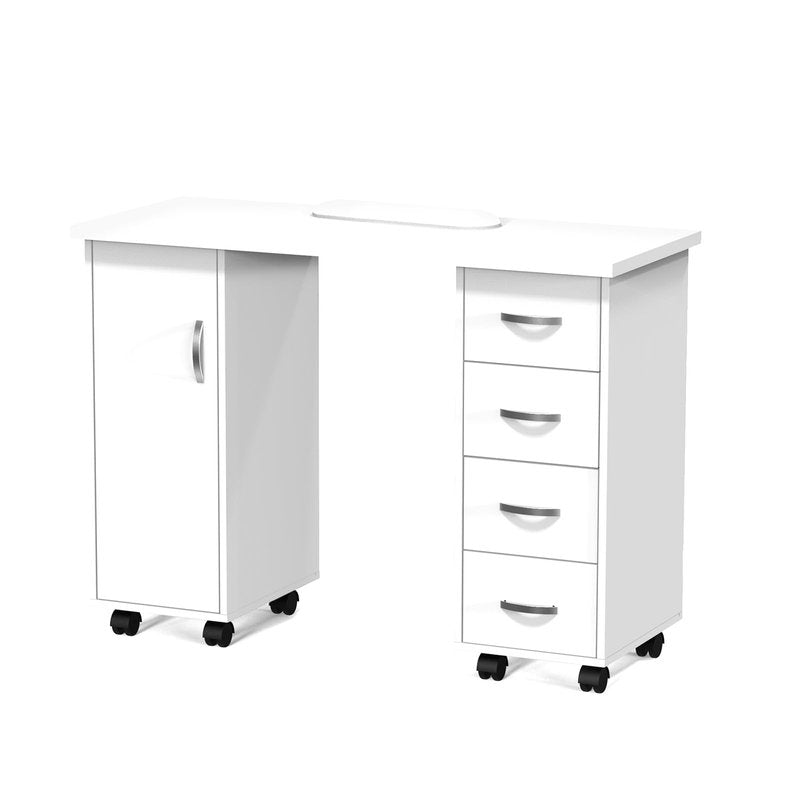 OmySalon Manicure Table Nail Desk w/Cabinet, Drawers, Wheels & Wrist Rest, Spa Salon Beauty Home Wooden Technician Workstation Nail Art Equipment for Nail Tech, White