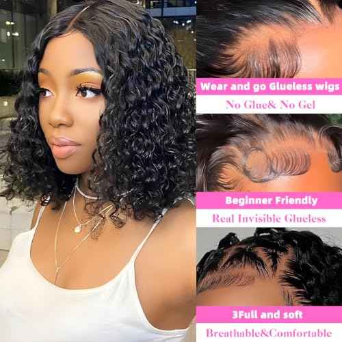 ISWEET HD Glueless Wigs Human Hair Pre Plucked Pre Cut Bob 4x4, 10 Inch #1B Natural Black 210% Density Hairline Curly Bob Wig Human Hair, Wear and Go Deep Wave Lace Front Wigs for Black Women