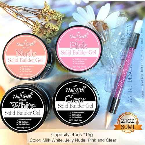 NAILGIL Solid Builder Gel For Nails 4 Colors, White Clear Nude Pink 3D Flower Nail Art Sculpture Extension Gel Non-Sticky Hand Sock Off UV LED Salon DIY at Home-60g/2.1oz