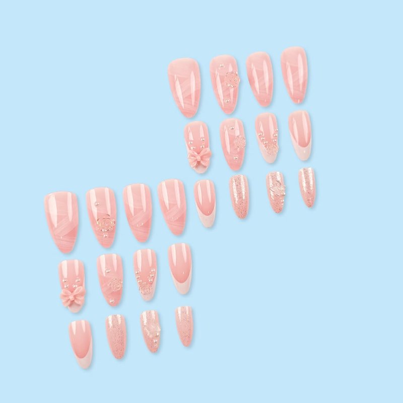24 Pcs Pink Press on Nails Short Almond White French Fake Nails with 3D Pearl Bow Butterfly Flowers Design Nude False Nails Full Cover Acrylic Nail Art Tips Cute Glue on Nails for Women Manicure