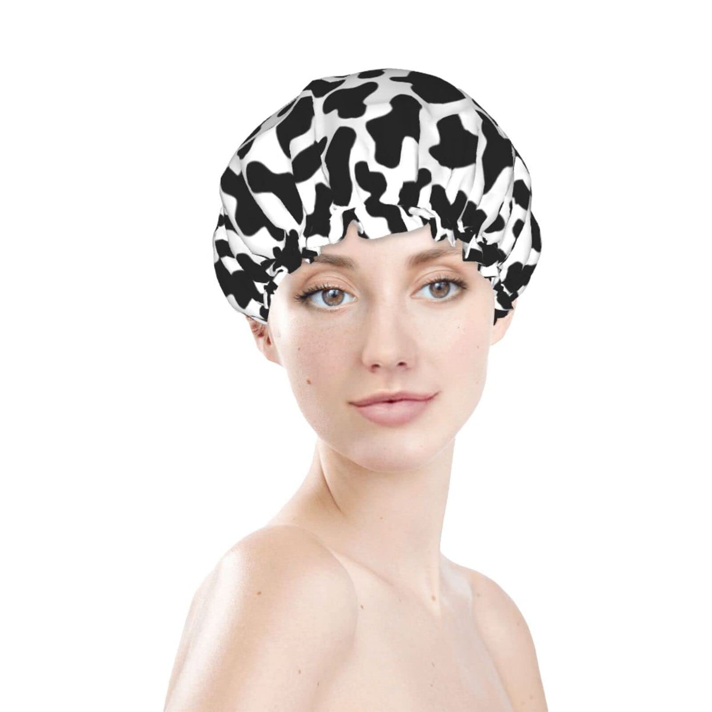 Black And White Cow Skin Abstract Animal Farm Shower Cap For Women Adjustable Double Waterproof Layers Bathing Bath Cap Hair Protection Reusable Ladies Spa Salon Shower Hat