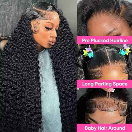 30Inch 13x6 Deep Wave Lace Front Wigs Human Hair Pre Plucked 200% Density Deep Curly 13x6 HD Lace Frontal Wigs with Baby Hair for Women Natural Color