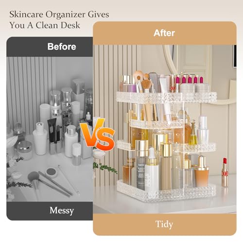 Rotating Makeup Organizer with Makeup Brush Holder, Large Capacity Perfume Organizer for Vanity Countertop, Acrylic Skincare Organizers Spinning Holder Storage Rack (Clear)