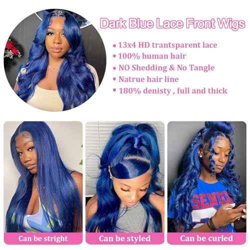 30 Inch Blue Lace Front Wigs Human Hair 13x4 HD Transparent Dark Blue Body Wave Human Hair Lace Front Wigs for Women 180 Density Pre Plcked Lace Frontal Colored Wig with Baby Hair