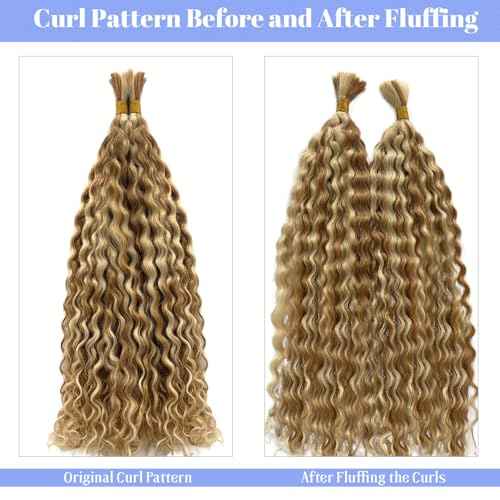 P27/613 Blonde Human Braiding Hair Deep Water Wave Bulk 26 Inch Long Curly Bundles Human Hair Color 27 and 613 Blonde Boho Human Hair for Braiding Highlights Blonde Boho Braids Bundles No Weft