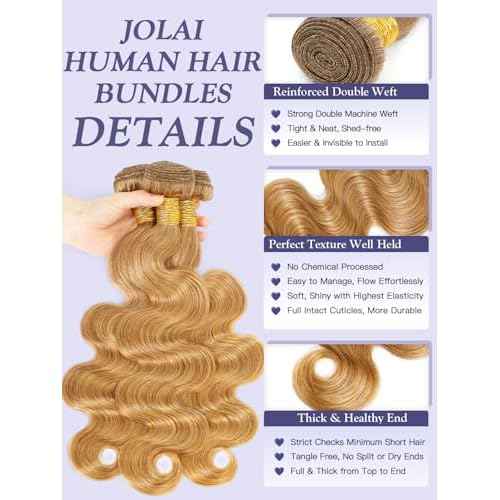 Honey Blonde Bundles with Closure Human Hair Body Wave 12 14 16+10 Inch, Color 27 Golden Ash Blonde 3 Bundles with 4x4 HD Closure, 12A 100% Raw Brazilian Virgin Hair Sew In Weave with 4x4 Closure #27