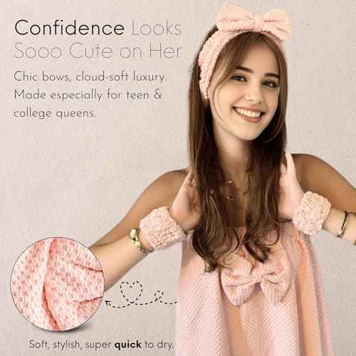 Happy Lolli Power Shower Gift Set ? College Essential Bath Accessories for Women and Teen Girls ? Includes Body Towel, Hair Towel, Wrist Bands, Headband, Face Sponge and More (Fresh in Pink)
