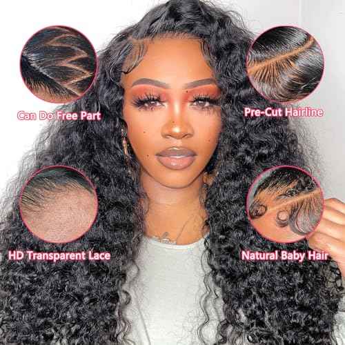 24 Inch Water Wave Lace Front Wigs Human Hair Wigs for Black Women 180% Density 5x5 HD Lace Front Glueless Wigs Human Hair Pre Plucked with Baby Hair Deep Curly Lace Frontal Human Hair Wig