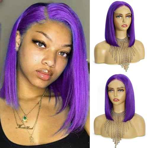 Purple Short Straight Gluess Bob Wig Human Hair Pre Plucked Pre Cut 5x5 HD Transparent Lace Front Wigs Human Hair 180% Density Straight Lace Closure Wigs Purple Short Bob 8 Inch