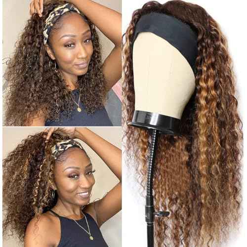 Highlight Deep Wave Wigs Human Hair 20 Inch Ombre Curly Headband Wig Human Hair Wigs for Black Women Human Hair Non Lace Front Wigs Brazilian Virgin Hair Brown Glueless Wear and Go Wigs Blonde