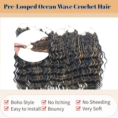 18 Inch Ocean Wave Crochet Hair 8 Packs - Synthetic Pre-Looped Deep Wavy Curly Braiding Hair for Black Women, Boho Style Hair Extensions (18inch,P1B/27-8 Packs)